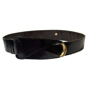 Vtg Wide Leather Belt Womens L/36 Black Python Skin Hook & Loop Non Adjustable